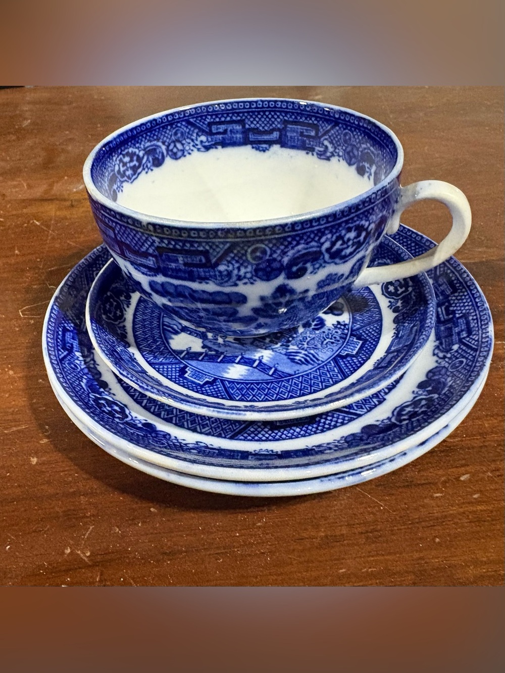 Allerton’s Ltd. Blue Willow 3 Saucers;1 cup Blue and White Chinoiserie.